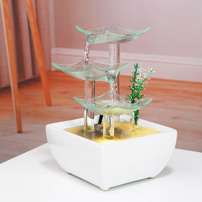 CERAMIC AND GLASS TABLETOP FOUNTAIN FOR INDOOR AND HOME DECORATION TABLE DESK OFFICE PATIO WHITE