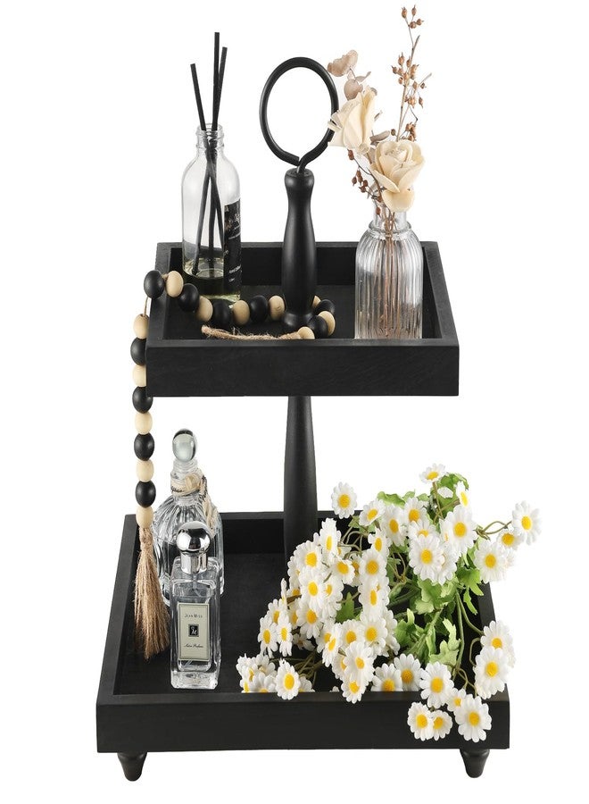 SYNCVIBE Tiered Tray Stand, Rustic Wooden 2 Tier Decorative Tray with Bead Garland, Farmhouse Square Wood Serving Tray Counter Centerpiece for Coffee Bar Home Decor Holiday Holloween Housewarming Gifts (Black) - Image 1