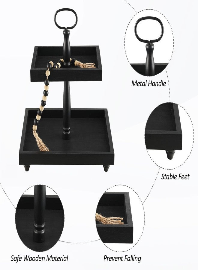 SYNCVIBE Tiered Tray Stand, Rustic Wooden 2 Tier Decorative Tray with Bead Garland, Farmhouse Square Wood Serving Tray Counter Centerpiece for Coffee Bar Home Decor Holiday Holloween Housewarming Gifts (Black) - Image 3