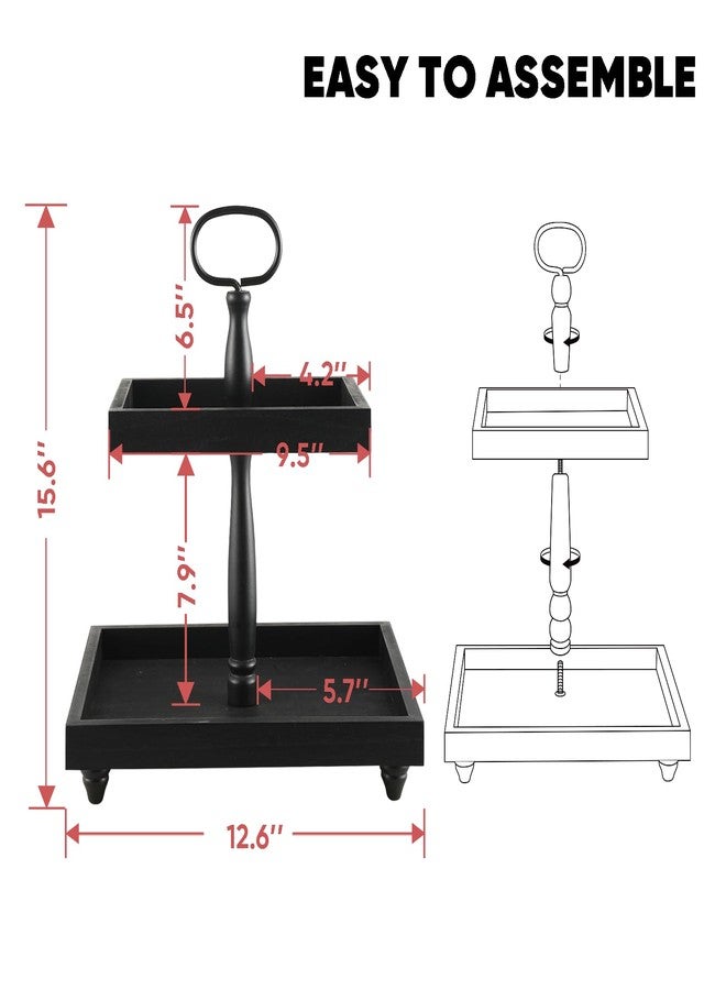 SYNCVIBE Tiered Tray Stand, Rustic Wooden 2 Tier Decorative Tray with Bead Garland, Farmhouse Square Wood Serving Tray Counter Centerpiece for Coffee Bar Home Decor Holiday Holloween Housewarming Gifts (Black) - Image 2