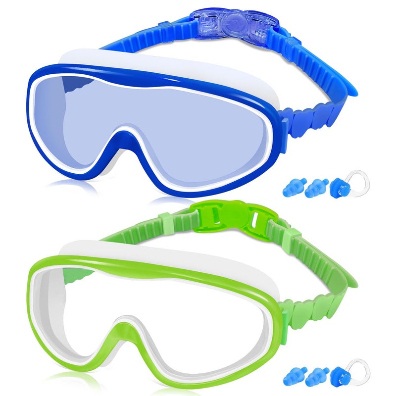 COOLOO Kids Swim Goggles for Age 3-15, 2 Pack Kids Goggles for Swimming with Nose Cover, No Leaking, Anti-Fog, Waterproof, Blue+Green - Image 1
