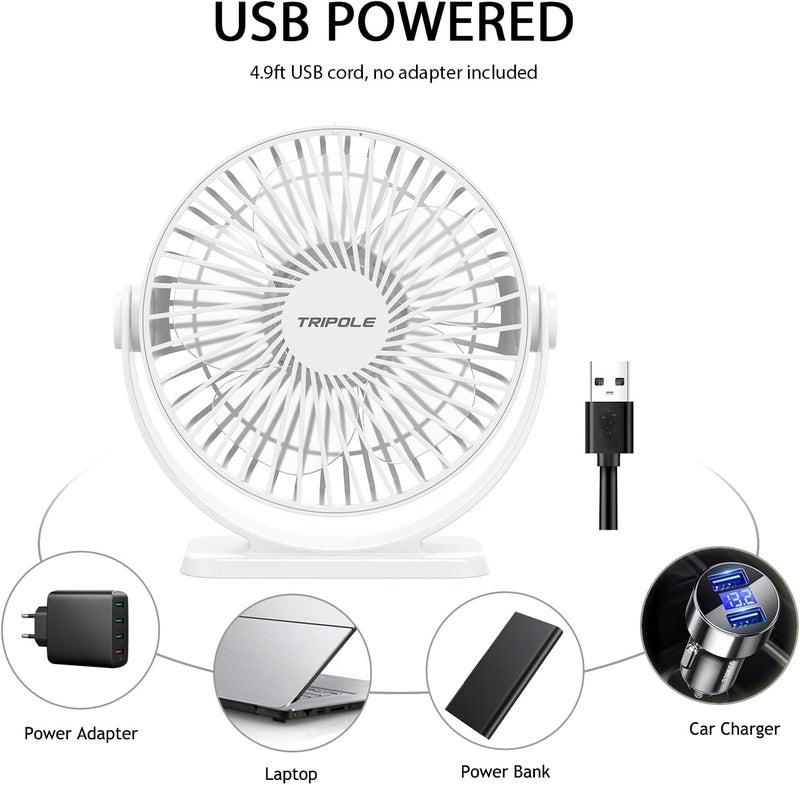 TriPole Small Desk Fan USB Powered Personal Fan 3 Speeds Strong Airflow Mini Fans 360°Rotation Portable 5.1 Inch Table Fans for Home Office Bedroom Desktop, White, 4.9ft Cable - Image 2