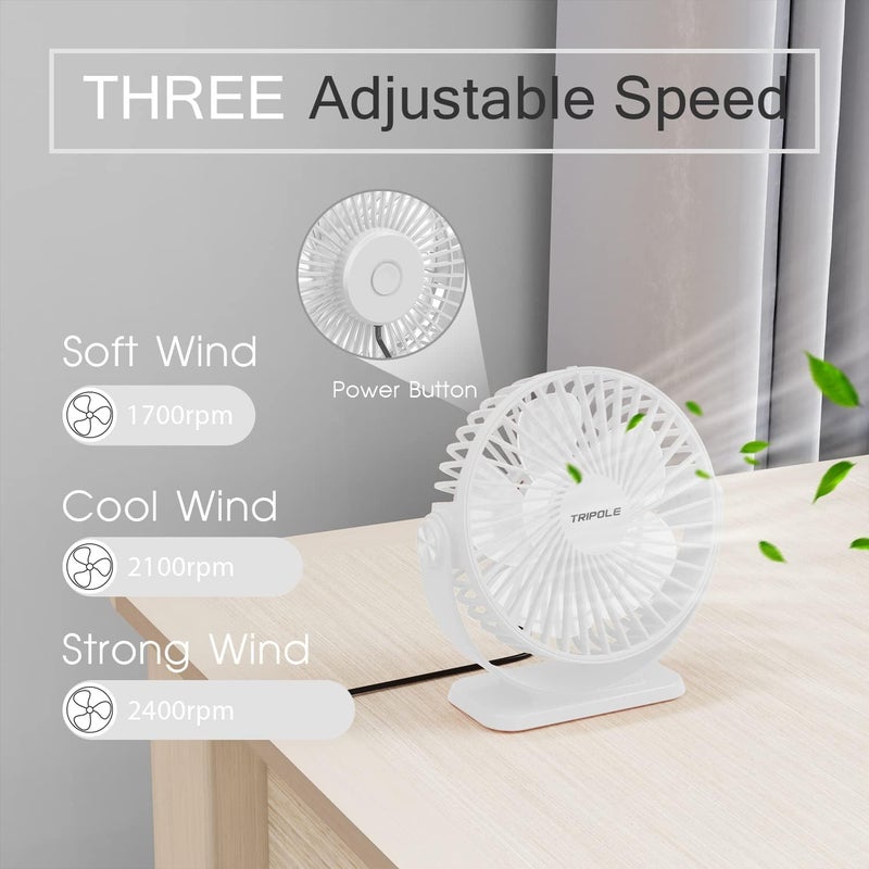 TriPole Small Desk Fan USB Powered Personal Fan 3 Speeds Strong Airflow Mini Fans 360°Rotation Portable 5.1 Inch Table Fans for Home Office Bedroom Desktop, White, 4.9ft Cable - Image 4