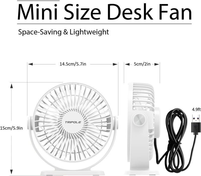 TriPole Small Desk Fan USB Powered Personal Fan 3 Speeds Strong Airflow Mini Fans 360°Rotation Portable 5.1 Inch Table Fans for Home Office Bedroom Desktop, White, 4.9ft Cable - Image 3