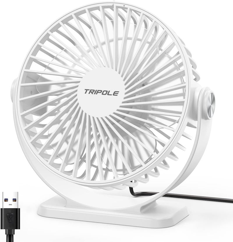 TriPole Small Desk Fan USB Powered Personal Fan 3 Speeds Strong Airflow Mini Fans 360°Rotation Portable 5.1 Inch Table Fans for Home Office Bedroom Desktop, White, 4.9ft Cable - Image 1