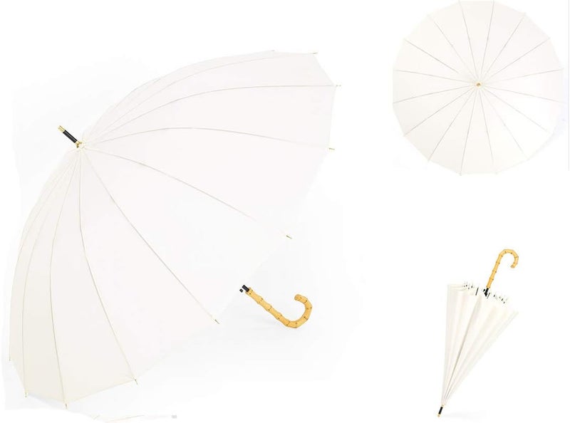 ThreeH Bamboo Stick Umbrella Auto Open Solid Color Fashionable and Simple 190T 16 Ribs,KS08 White - Image 2