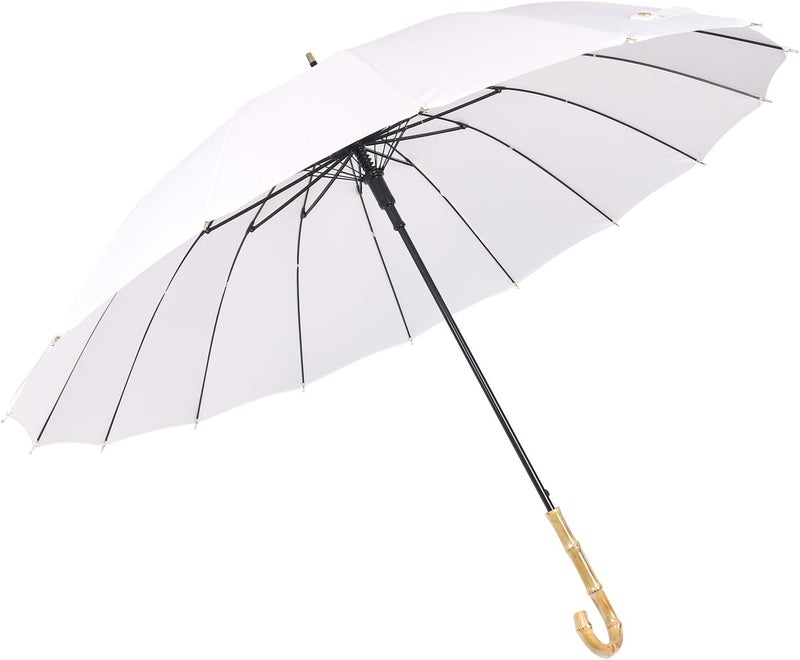 ThreeH Bamboo Stick Umbrella Auto Open Solid Color Fashionable and Simple 190T 16 Ribs,KS08 White - Image 1