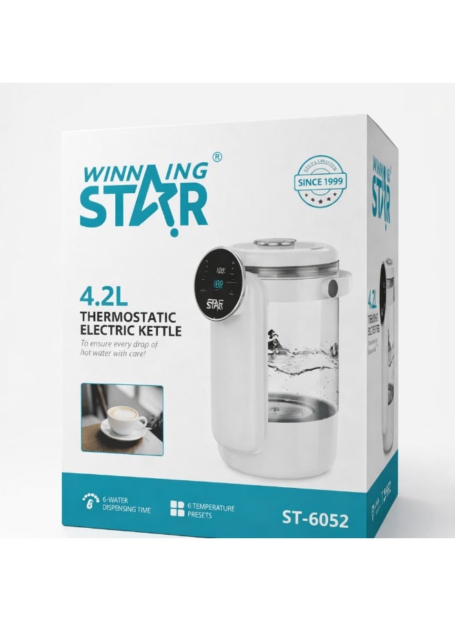 Winning Star 4.2L Thermostatic Electric Kettle ST-6052 with Digital Temperature Display, 6 Preset Heating Modes, Fast Boiling Glass Water Boiler for Tea Coffee and Hot Beverages White - Image 1