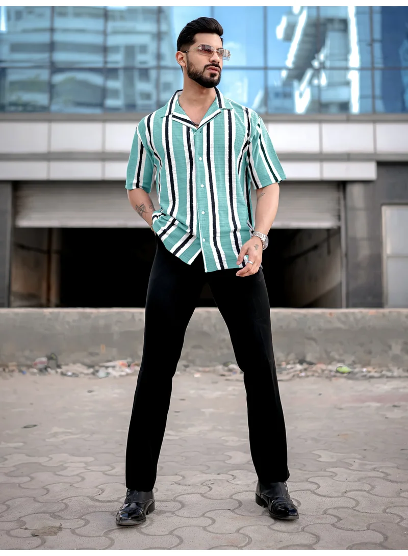 Maniac  Maniac Mens Stripes Cuban Collar Half Sleeve Sea Blue Poly Cotton Shirt for Men | Best Price UAE