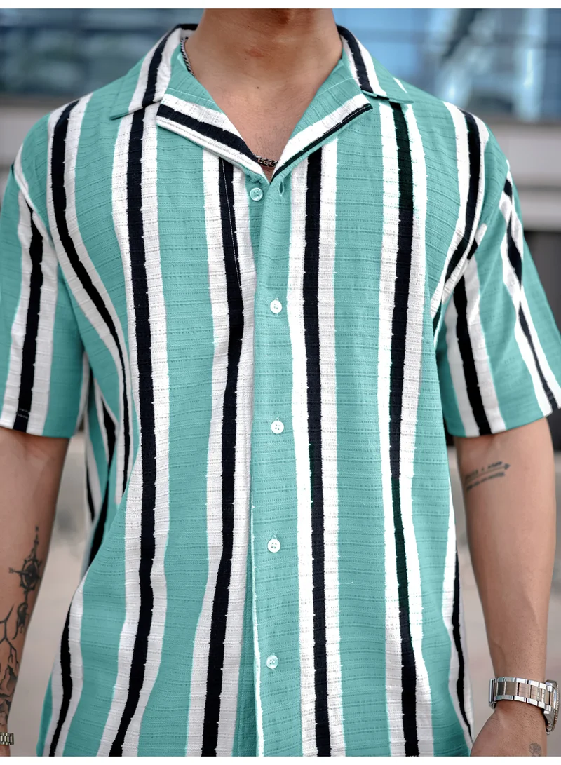 Maniac  Maniac Mens Stripes Cuban Collar Half Sleeve Sea Blue Poly Cotton Shirt for Men | Best Price UAE