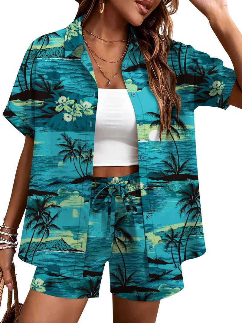 LOMON Women's 2 Piece Hawaiian Vacation Outfits Tropical Print Short Sleeve Shirts and Shorts Beach Sets Resort Wear - Image 1