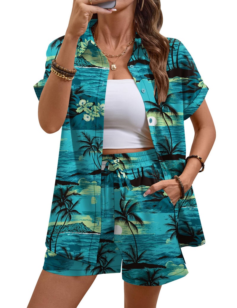 LOMON Women's 2 Piece Hawaiian Vacation Outfits Tropical Print Short Sleeve Shirts and Shorts Beach Sets Resort Wear - Image 2