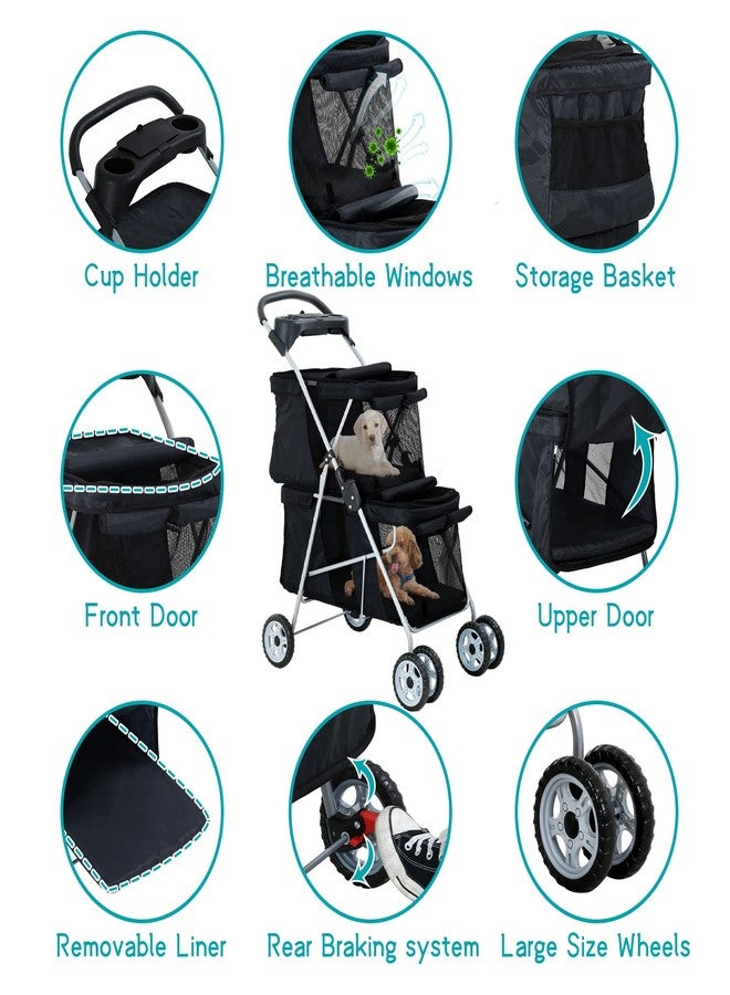 HHS Double Pet Strollers for 2 Dogs and Cats 4 Wheel Doggie Small Medium Pets with Safety Belts Folding Portable Dog Cat Storage Basket Travel Jogger (Black), 30 x 19 40 Inch - Image 2