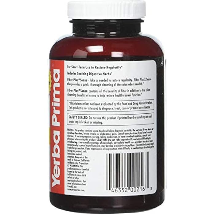 Yerba Prima Fiber Plus Senna Capsules, 180 Count - Gentle Overnight Relief, USA Made, Non-GMO, Gluten-Free - Image 2