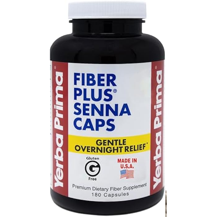Yerba Prima Fiber Plus Senna Capsules, 180 Count - Gentle Overnight Relief, USA Made, Non-GMO, Gluten-Free - Image 1