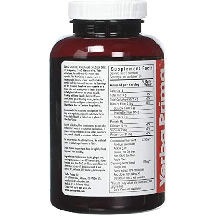 Yerba Prima Fiber Plus Senna Capsules, 180 Count - Gentle Overnight Relief, USA Made, Non-GMO, Gluten-Free - Image 3