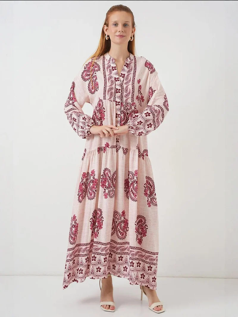 بيغ دارت BDART Printed V-Neck Maxi Dress with Button Closure