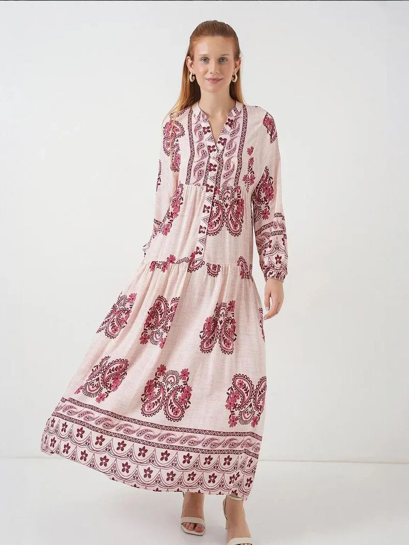 BIG DART BDART Printed V-Neck Maxi Dress with Button Closure