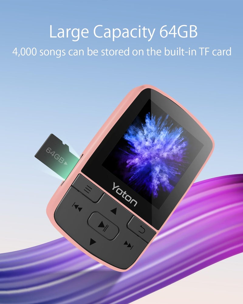 Yoton MP3 Player with Bluetooth 5.2, 64GB Large Storage, HiFi-Music, Mini Size, with Sports Clip, Independent Volume Botton, FM Radio, Earphones Included (Pink) - Image 4