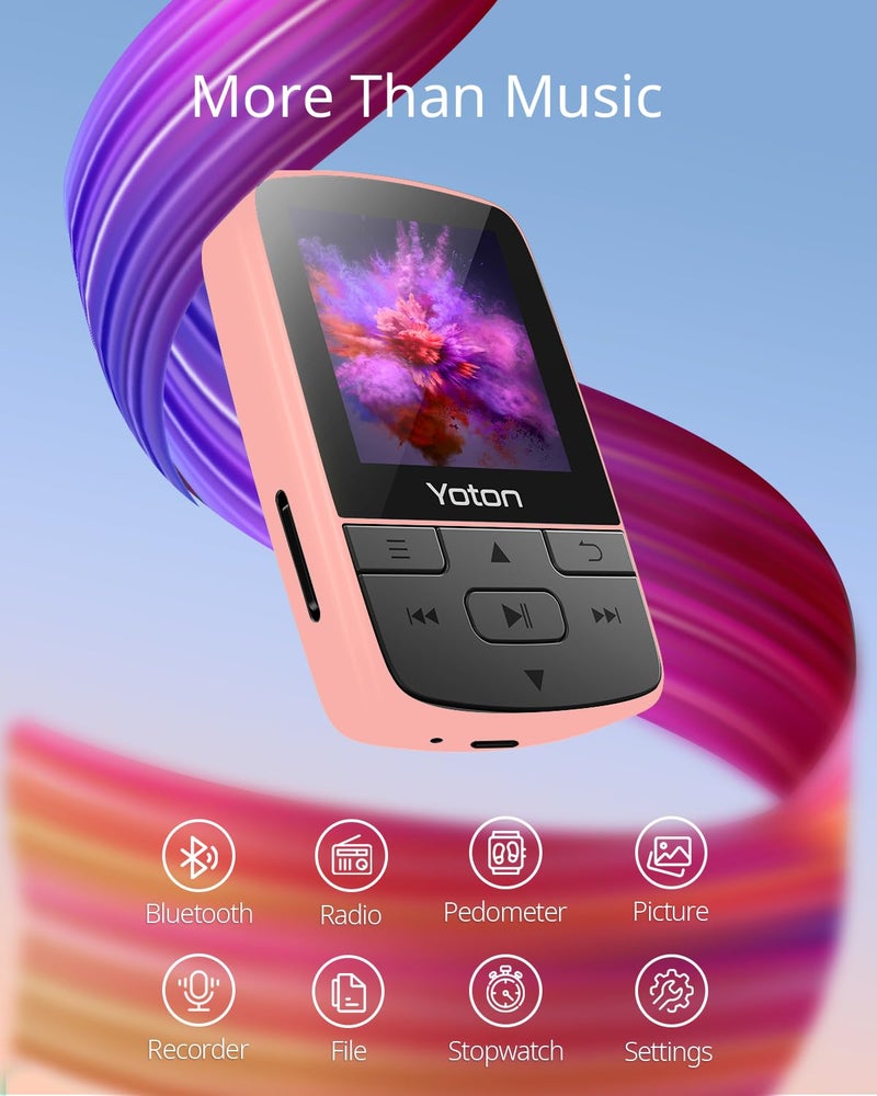 Yoton MP3 Player with Bluetooth 5.2, 64GB Large Storage, HiFi-Music, Mini Size, with Sports Clip, Independent Volume Botton, FM Radio, Earphones Included (Pink) - Image 2