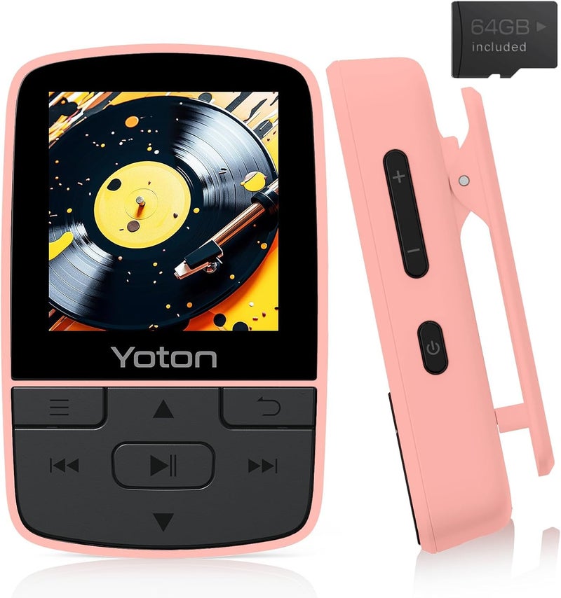 Yoton MP3 Player with Bluetooth 5.2, 64GB Large Storage, HiFi-Music, Mini Size, with Sports Clip, Independent Volume Botton, FM Radio, Earphones Included (Pink) - Image 1