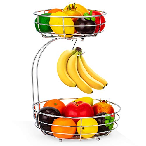 Auledio 2-Tier Countertop Fruit Vegetables Basket Bowl Storage With Banana Hanger,Chrome - Image 1