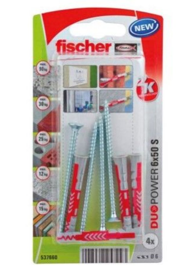 Fischer Universal Plug 6 x 50mm + Countersunk Screw 4Pcs DUOPOWER 6x50 S K NV 537660