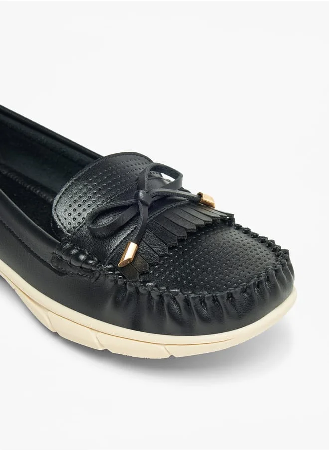 لو كونفورت Womens Perforated Loafers With Bow Detail
