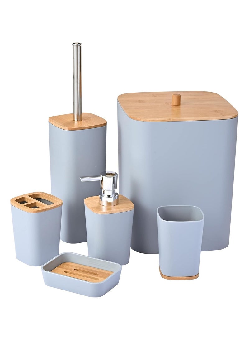كيوشوب مجموعة اكسسوارات حمام كيوشوب®️ من الخيزران مكونة من 6 قطع، مجموعة اكسسوارات حمام عصرية فاخرة، اكسسوارات مرحاض مع سلة مهملات وكوب حامل فرشاة اسنان وحامل صحن صابون،و موزع الصابون - Image 1