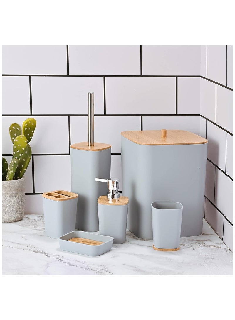 كيوشوب مجموعة اكسسوارات حمام كيوشوب®️ من الخيزران مكونة من 6 قطع، مجموعة اكسسوارات حمام عصرية فاخرة، اكسسوارات مرحاض مع سلة مهملات وكوب حامل فرشاة اسنان وحامل صحن صابون،و موزع الصابون - Image 3