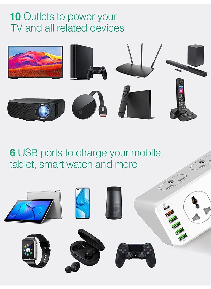 بيجانت - سلك تمديد الطاقة 10 منافذ 3M 6 USB مع واقي من التذبذب، 10 منافذ عالمية، 5 منافذ USB-A، 1 منفذ USB-C، كابل بطول 3 أمتار - Image 1