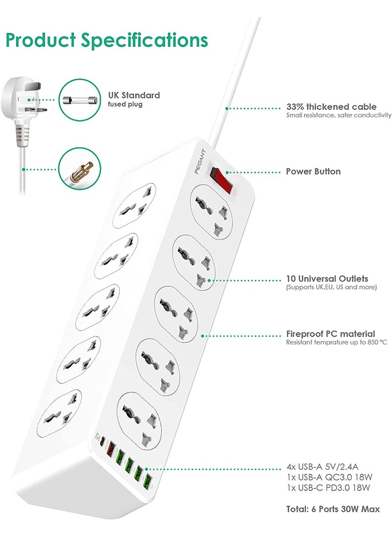 بيجانت - سلك تمديد الطاقة 10 منافذ 3M 6 USB مع واقي من التذبذب، 10 منافذ عالمية، 5 منافذ USB-A، 1 منفذ USB-C، كابل بطول 3 أمتار - Image 1