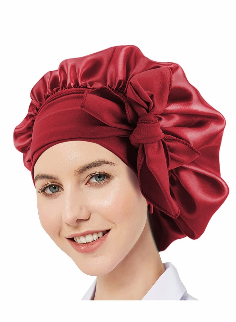 SYOSI Silk Bonnet, Satin Hair Tie Bonnet,Jumbo Curly Hair Silky Bonnet, Soft Head Scarf Wrap Hair Bonnet with Tie Band, Adjustable Braids Bonnet Sleep Cap for Long Curly Hair (Red) - Image 1