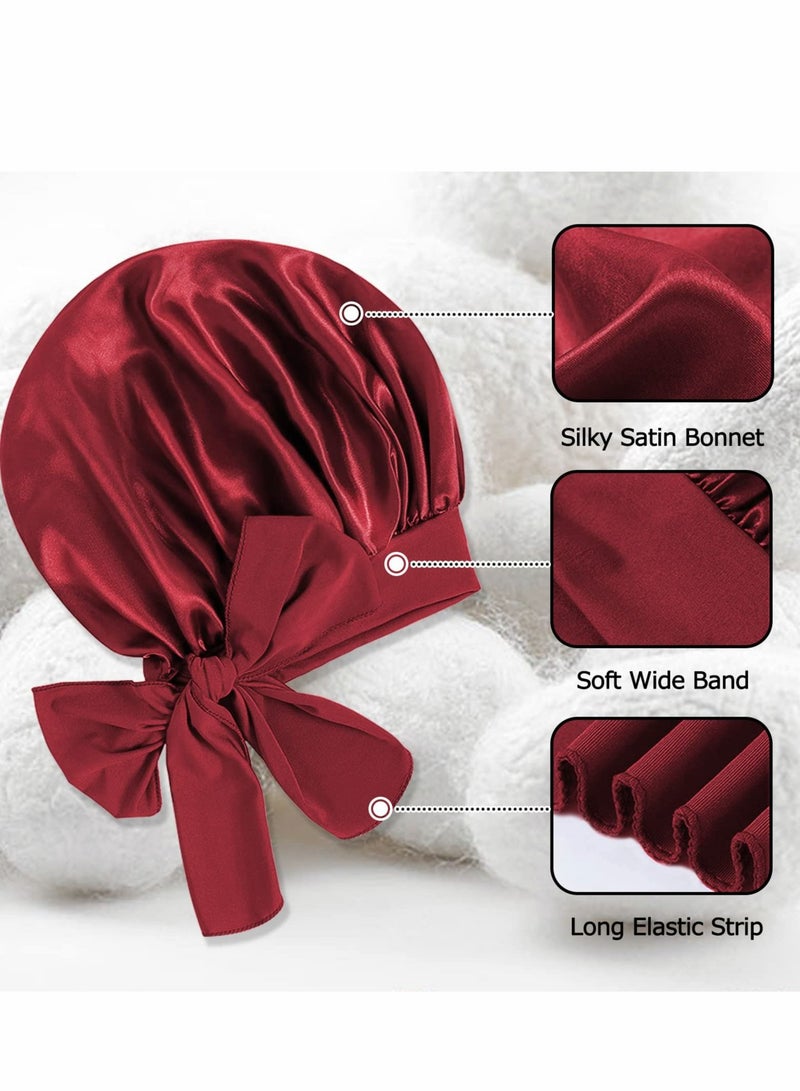SYOSI Silk Bonnet, Satin Hair Tie Bonnet,Jumbo Curly Hair Silky Bonnet, Soft Head Scarf Wrap Hair Bonnet with Tie Band, Adjustable Braids Bonnet Sleep Cap for Long Curly Hair (Red) - Image 2