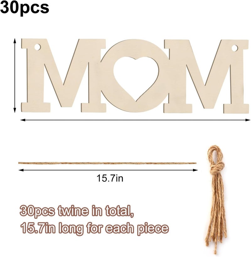 Tmflexe Mum 30Pcs Unfinished Wooden Mother's Day Gift Ornaments DIY Craft Mother Birthday Present-30Pack Paintable Blank Natural Mom Cutouts Hanging Wood Slices for Kids Art Crafts DIY Gift for Mom - Image 2