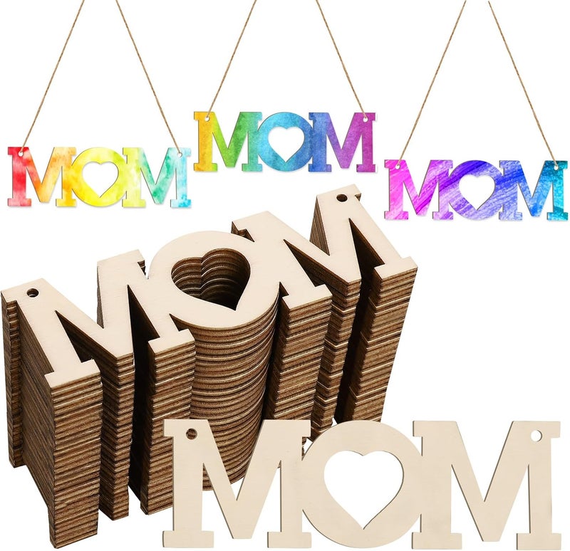 Tmflexe Mum 30Pcs Unfinished Wooden Mother's Day Gift Ornaments DIY Craft Mother Birthday Present-30Pack Paintable Blank Natural Mom Cutouts Hanging Wood Slices for Kids Art Crafts DIY Gift for Mom - Image 1