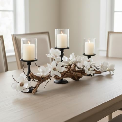 Branch & Wick Co. Magnolia Vine Driftwood Farmhouse Table Centerpiece - 3pc Candle Holder Set - Floral Table Decor for Dining Room, Living Room, Mantle & Weddings (Black) - Image 1