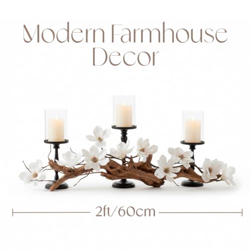 Branch & Wick Co. Magnolia Vine Driftwood Farmhouse Table Centerpiece - 3pc Candle Holder Set - Floral Table Decor for Dining Room, Living Room, Mantle & Weddings (Black) - Image 3