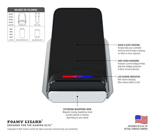 Foamy Lizard PS5 Controller Charger Console and Wall Mount for PlayStation 5 DualSense Fast Charging Station Hanging Dock, Headphone Hook, LED Indicator, Overcharge Protection (PS5 White+Black) - Image 3