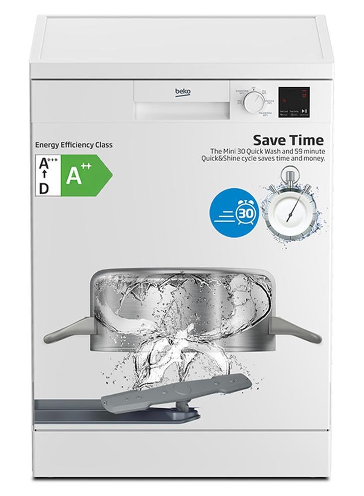 Freestanding Dishwasher 13 Place Settings, 5 Programs, 2 Racks, A++ Energy Rating, Quiet Operation (49 dBA), Sliding Cutlery Basket, Mini programme, Half-load, Efficient Cleaning, Stainless Steel Tub, Time Delay and Child Lock, (White Colour) DVN05320W White