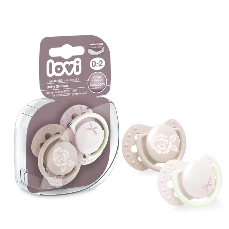 LOVI Soother 0-2 Months, Baby Dummies with Silicone Teat, Dynamic Tip, Baby Shower Girl Collection, 2 Pieces - Image 1