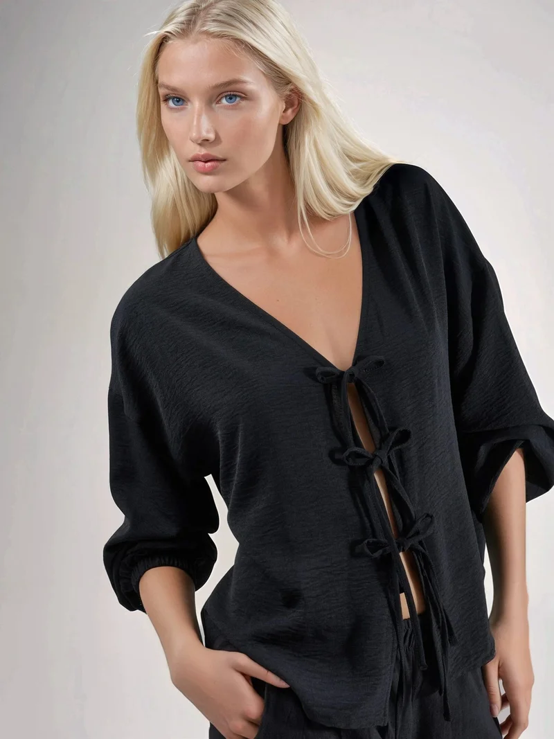 هيكاب Oversized V-Neck Tie Closure Blouse