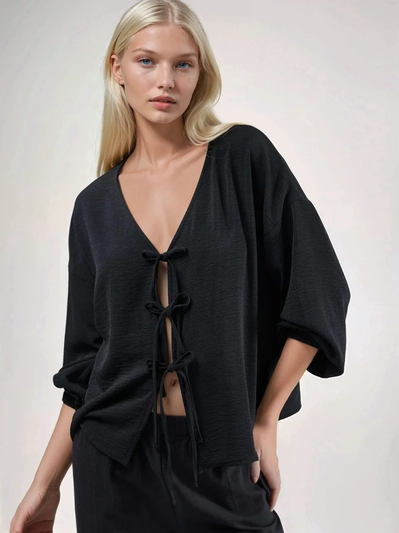 هيكاب Oversized V-Neck Tie Closure Blouse