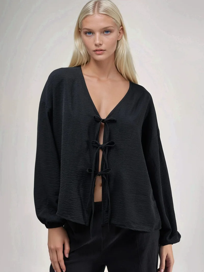 HICCUP Oversized V-Neck Tie Closure Blouse