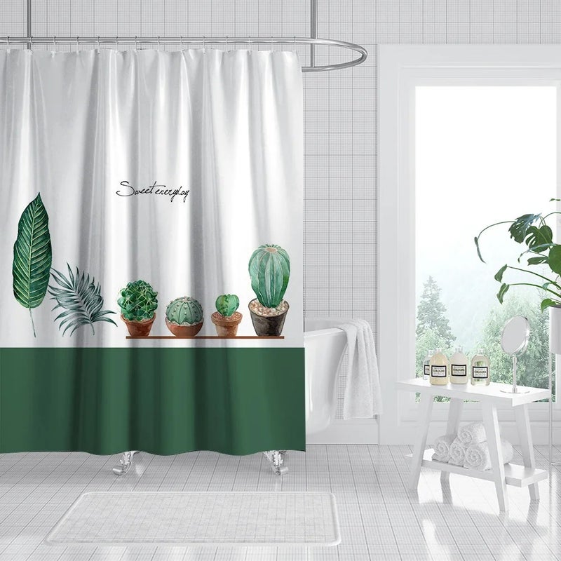 Y&D Shower Curtain Set Bathroom Nordic Green Leaves Waterproof Printing Bathroom Mat Set With Shower Curtain - Image 1