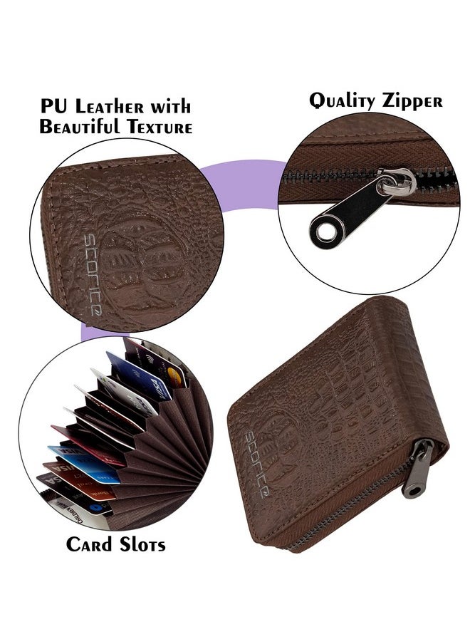 Storite - Storite 9 Slot Textured Credit Debit Card Holder Money Wallet Zipper Coin Purse for Men Women (Brown, 11.5 x 8 x 2cm) - Image 1