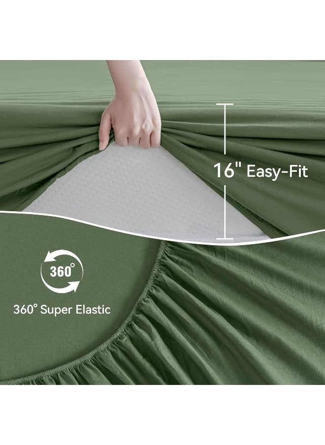 JELLYMONI JELLYMONI 100% Washed Cotton Green Fitted Sheet, Cal King Bed Sheet Extra Deep 16”, Ultra Soft Breathable Deep Pocket, 1-Piece Fitted Sheet  - Image 4