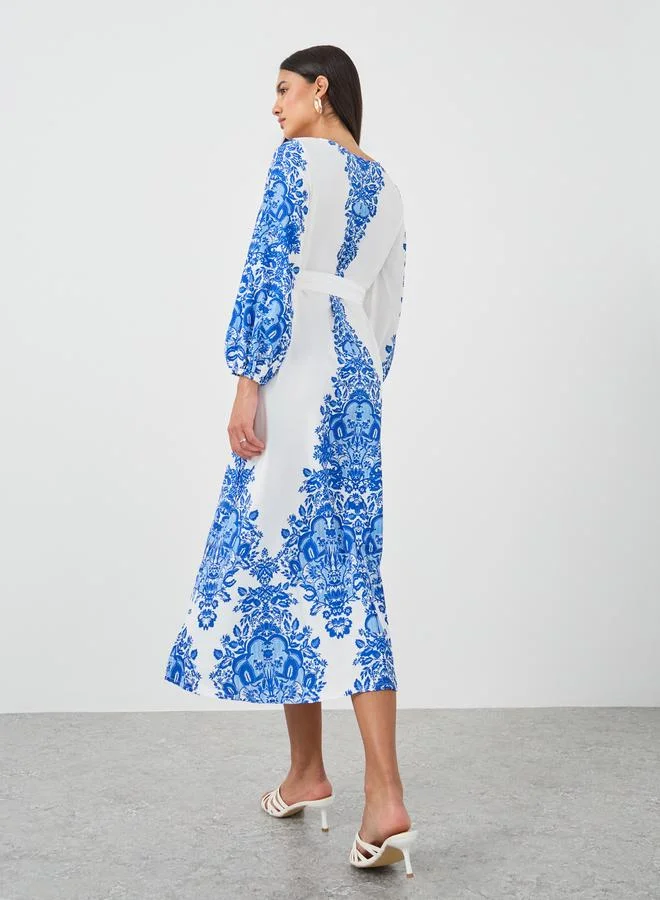 Take Two Take Two Floral Print Tie Waist Round Neck Maxi Dress