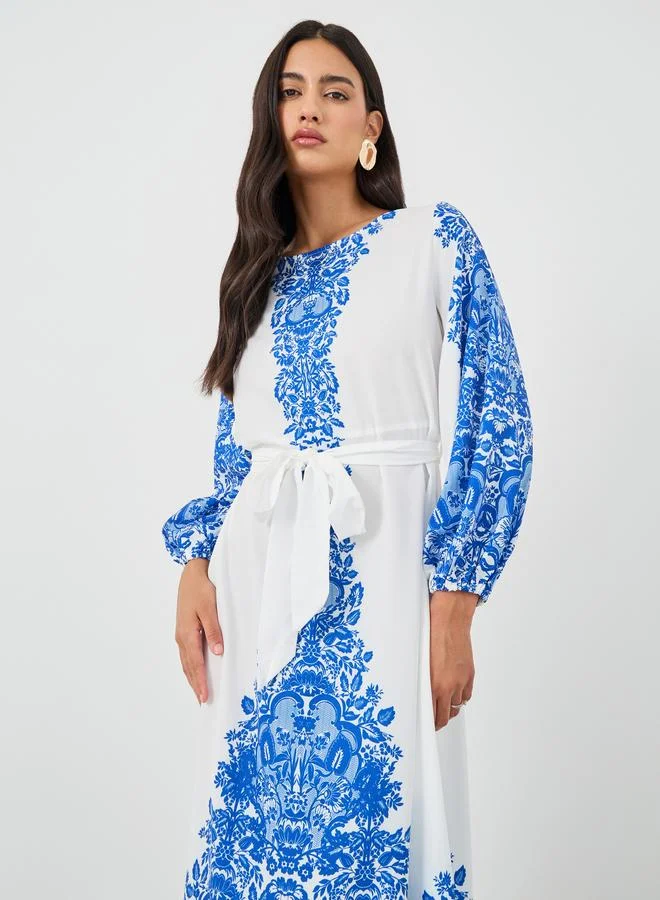 Take Two Take Two Floral Print Tie Waist Round Neck Maxi Dress