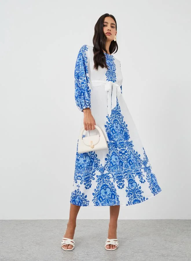 Take Two Take Two Floral Print Tie Waist Round Neck Maxi Dress